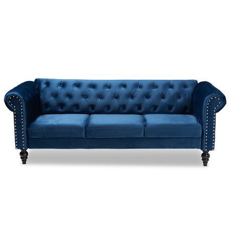 Baxton Studio Emma Navy Blue Velvet Upholstered and Button Tufted Chesterfield Sofa 163-10309